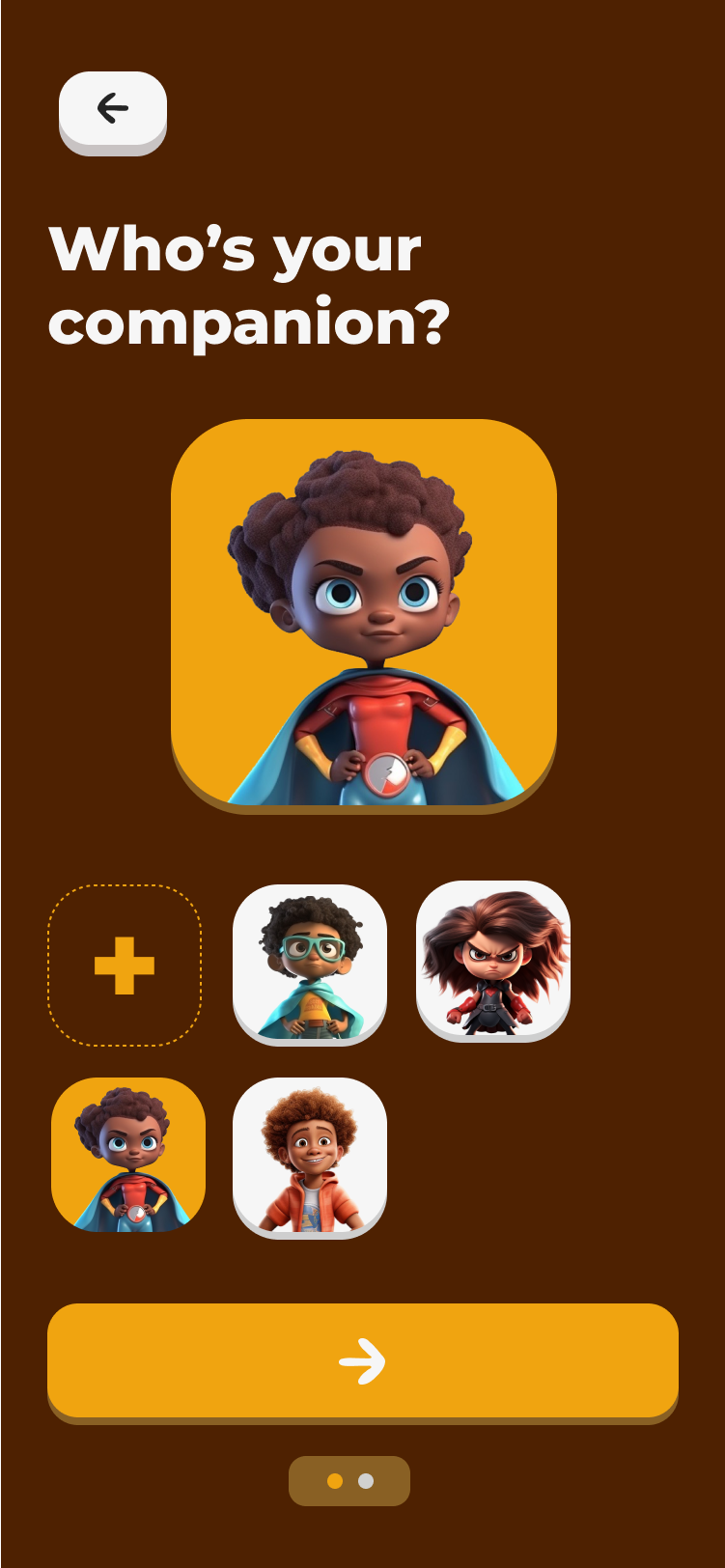 After the user has selected to create a standalone story, the are prompted to pick the required characters, objects, and locations for the story. This screen shows the user picking a companion for the story.